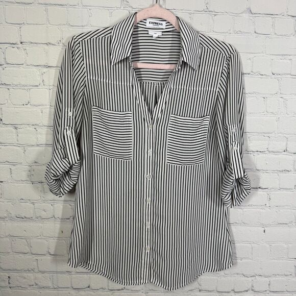 Express Portofino Slim Button Shirt Women Small Striped Roll Tab Sleeve Preppy - Picture 2 of 12